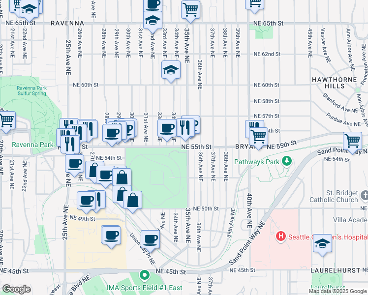 map of restaurants, bars, coffee shops, grocery stores, and more near 3451 Northeast 55th Street in Seattle