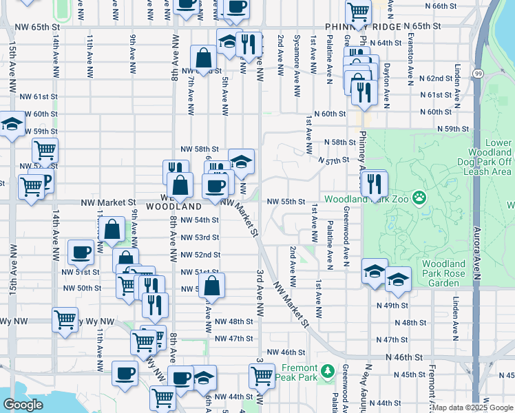 map of restaurants, bars, coffee shops, grocery stores, and more near 5419 3rd Avenue Northwest in Seattle