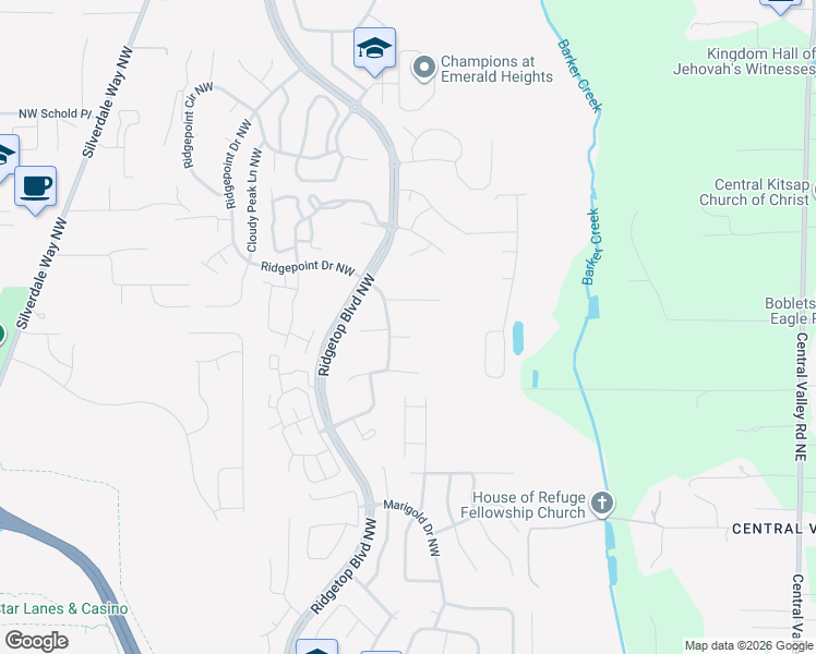 map of restaurants, bars, coffee shops, grocery stores, and more near 1160 Northwest Bramble Court in Silverdale