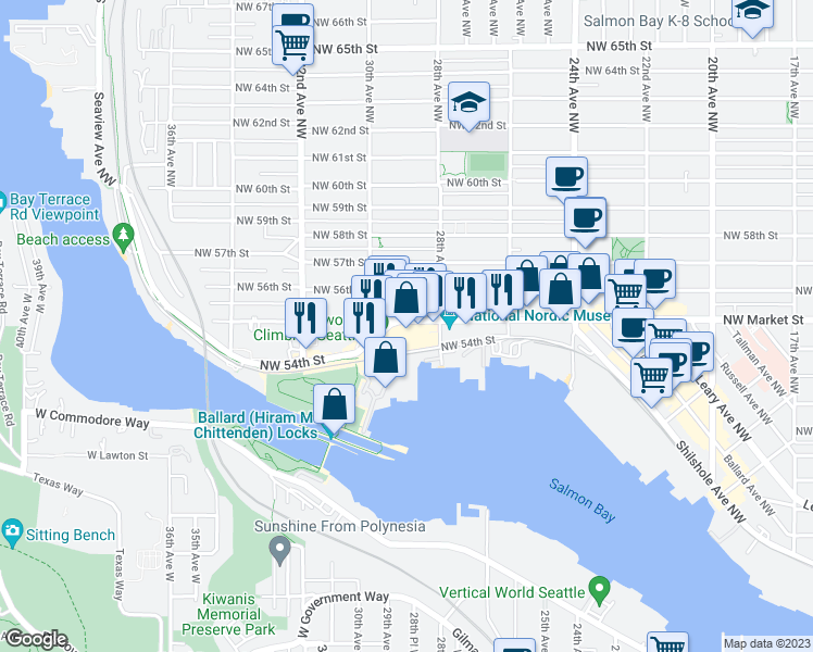 map of restaurants, bars, coffee shops, grocery stores, and more near 2821 Northwest Market Street in Seattle