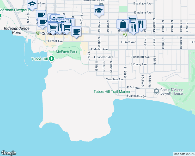 map of restaurants, bars, coffee shops, grocery stores, and more near 613 South 10th Street in Coeur d'Alene