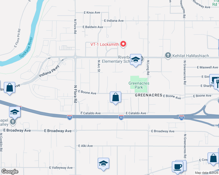 map of restaurants, bars, coffee shops, grocery stores, and more near 17501 East Boone Avenue in Spokane Valley