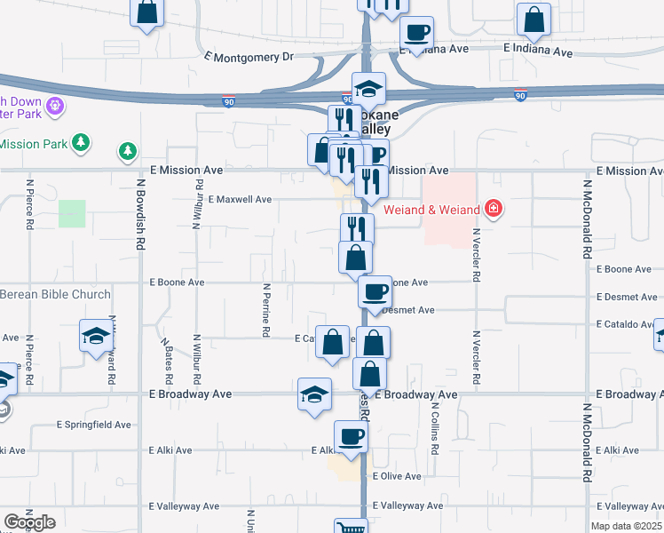 map of restaurants, bars, coffee shops, grocery stores, and more near 12117 East Boone Avenue in Spokane Valley