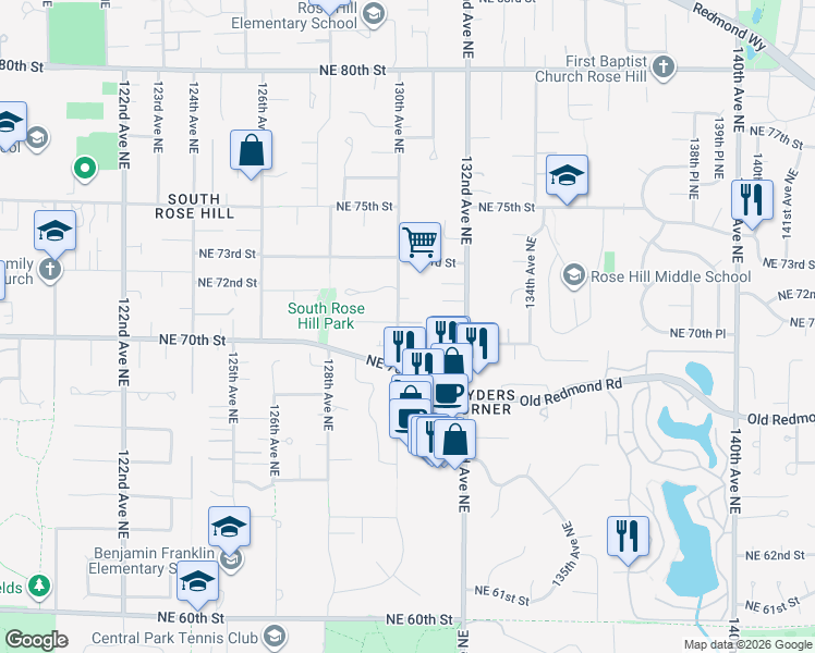 map of restaurants, bars, coffee shops, grocery stores, and more near 13015 Northeast 71st Street in Kirkland
