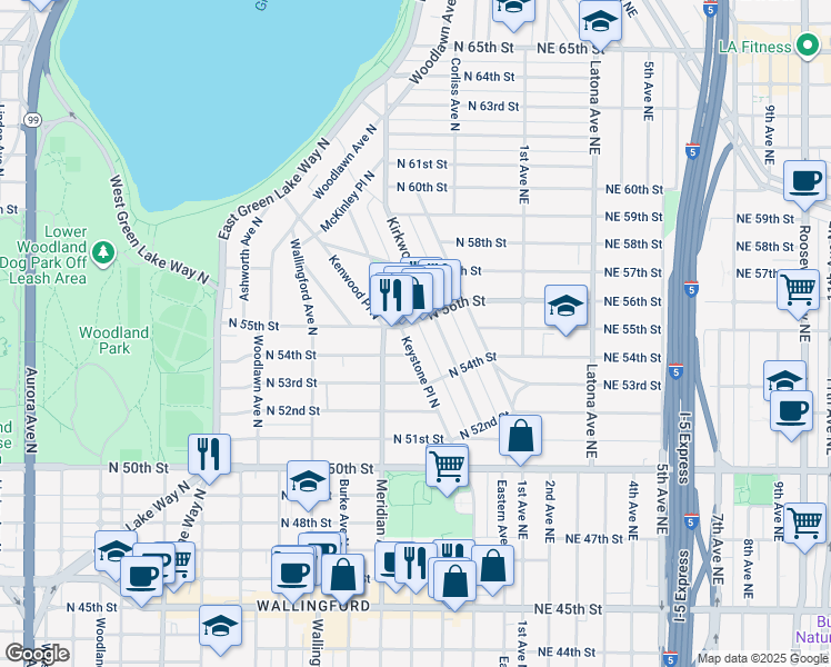 map of restaurants, bars, coffee shops, grocery stores, and more near 5410 Keystone Place North in Seattle