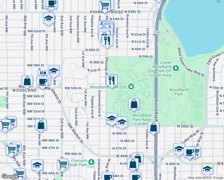 map of restaurants, bars, coffee shops, grocery stores, and more near 5500 Phinney Avenue North in Seattle