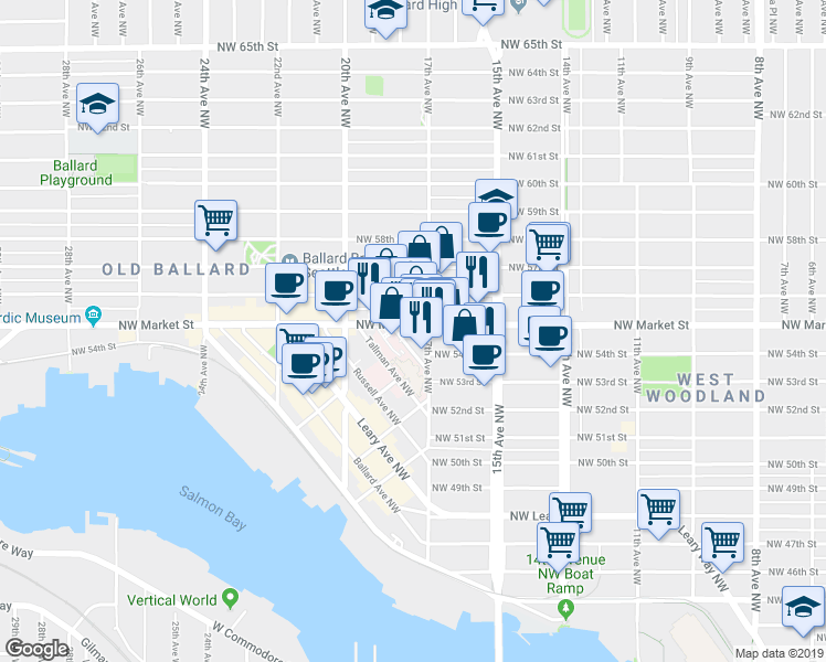 map of restaurants, bars, coffee shops, grocery stores, and more near 1716 Northwest Market Street in Seattle