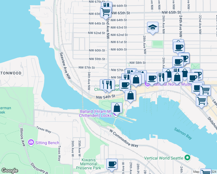 map of restaurants, bars, coffee shops, grocery stores, and more near 5431 32nd Avenue Northwest in Seattle