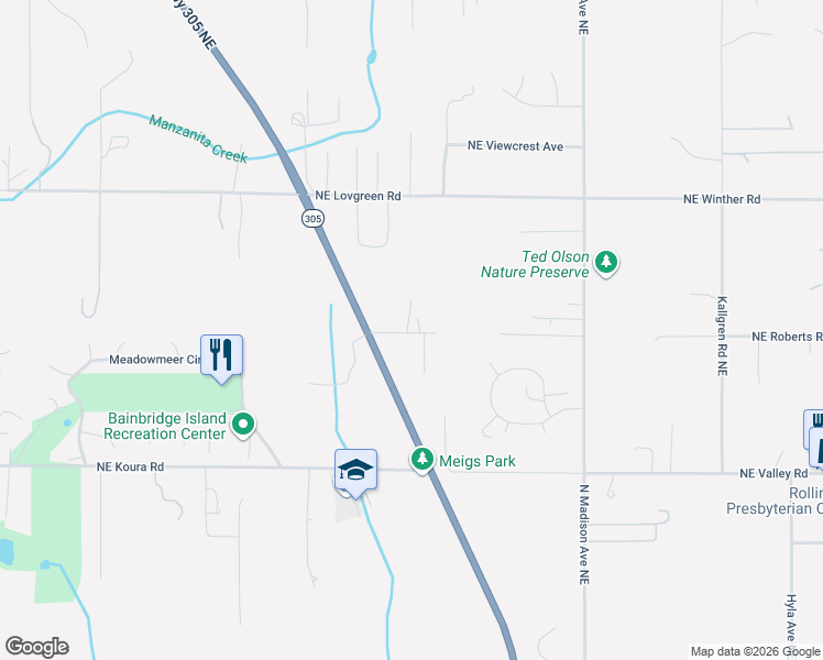 map of restaurants, bars, coffee shops, grocery stores, and more near 9086 Northeast Morgan Road in Bainbridge Island