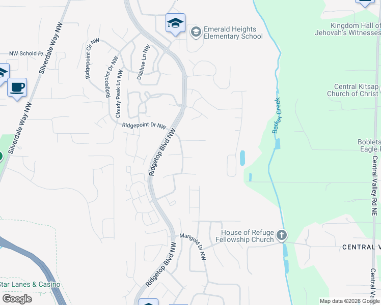 map of restaurants, bars, coffee shops, grocery stores, and more near 1160 Northwest Bramble Court in Silverdale
