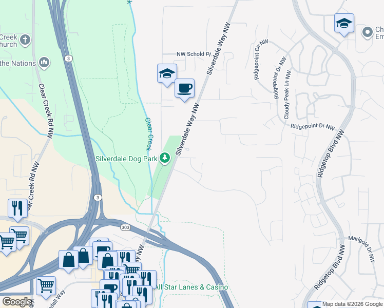 map of restaurants, bars, coffee shops, grocery stores, and more near 2190 Convoy Court Northwest in Silverdale