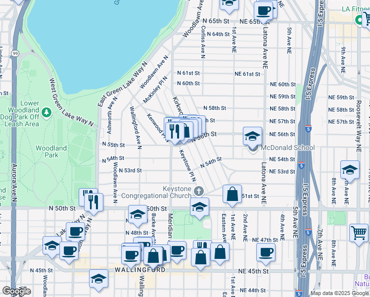 map of restaurants, bars, coffee shops, grocery stores, and more near 5410 Keystone Place North in Seattle