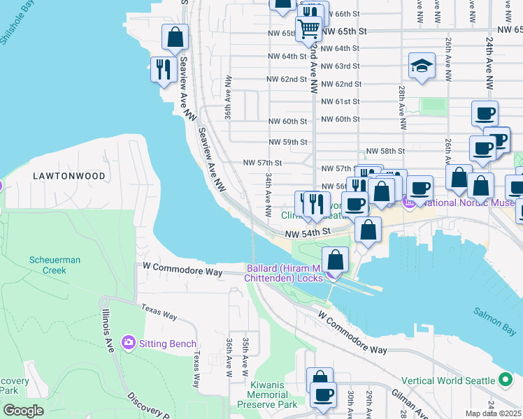 map of restaurants, bars, coffee shops, grocery stores, and more near 3409 NW Market St in Seattle