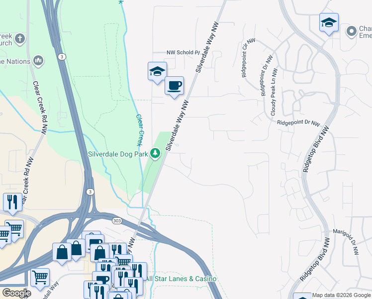 map of restaurants, bars, coffee shops, grocery stores, and more near 2190 Convoy Court Northwest in Silverdale