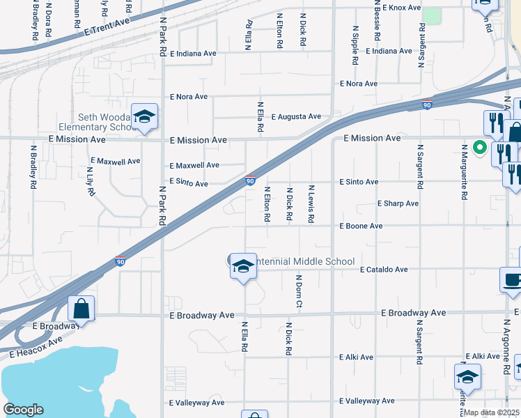 map of restaurants, bars, coffee shops, grocery stores, and more near 1220 Ella Road in Spokane Valley