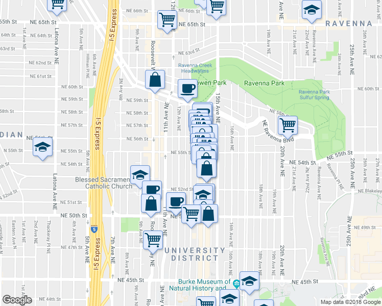 map of restaurants, bars, coffee shops, grocery stores, and more near 1215-1299 Northeast 55th Street in Seattle