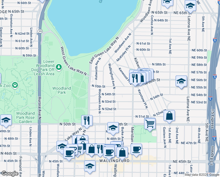 map of restaurants, bars, coffee shops, grocery stores, and more near 1631 North 55th Street in Seattle