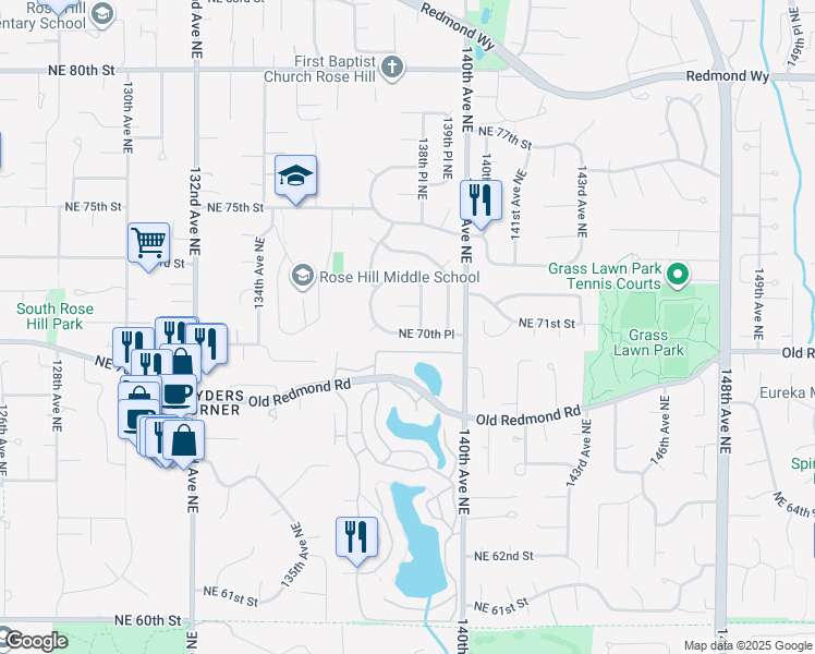 map of restaurants, bars, coffee shops, grocery stores, and more near 13804 Northeast 70th Place in Redmond