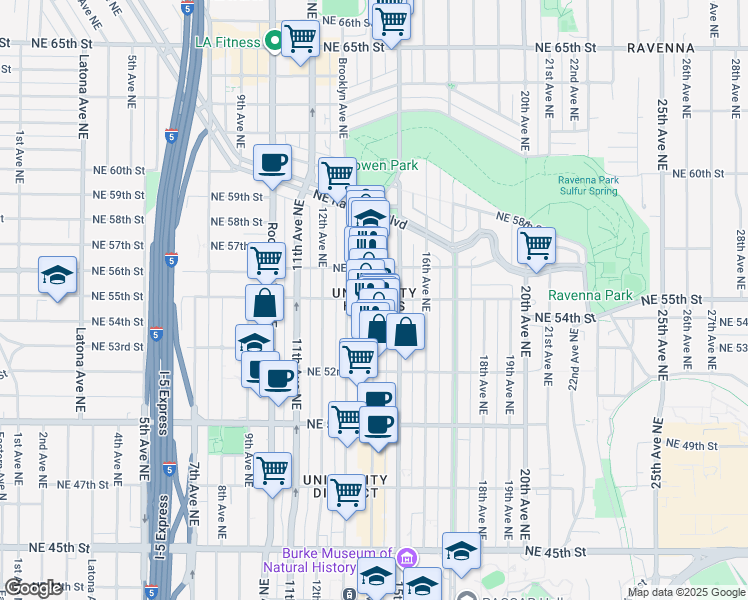 map of restaurants, bars, coffee shops, grocery stores, and more near Northeast 55th Street & University Way Northeast in Seattle