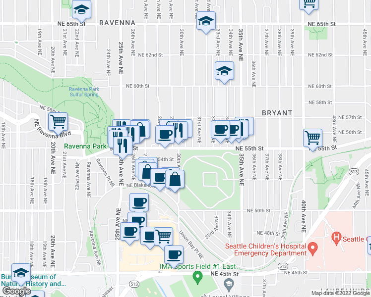 map of restaurants, bars, coffee shops, grocery stores, and more near NE 55th St & 30th Ave NE in Seattle
