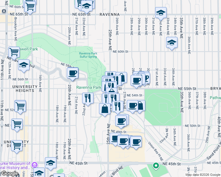 map of restaurants, bars, coffee shops, grocery stores, and more near 25th Ave NE & NE 55th St in Seattle