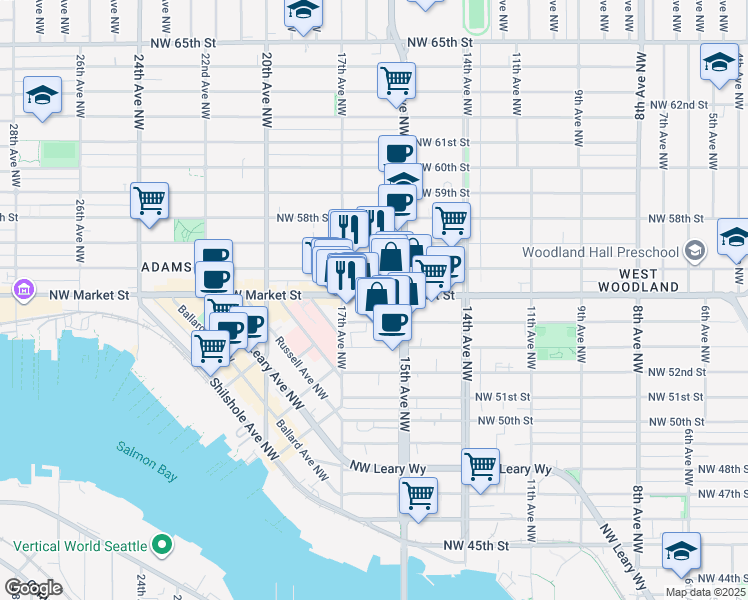 map of restaurants, bars, coffee shops, grocery stores, and more near in Seattle