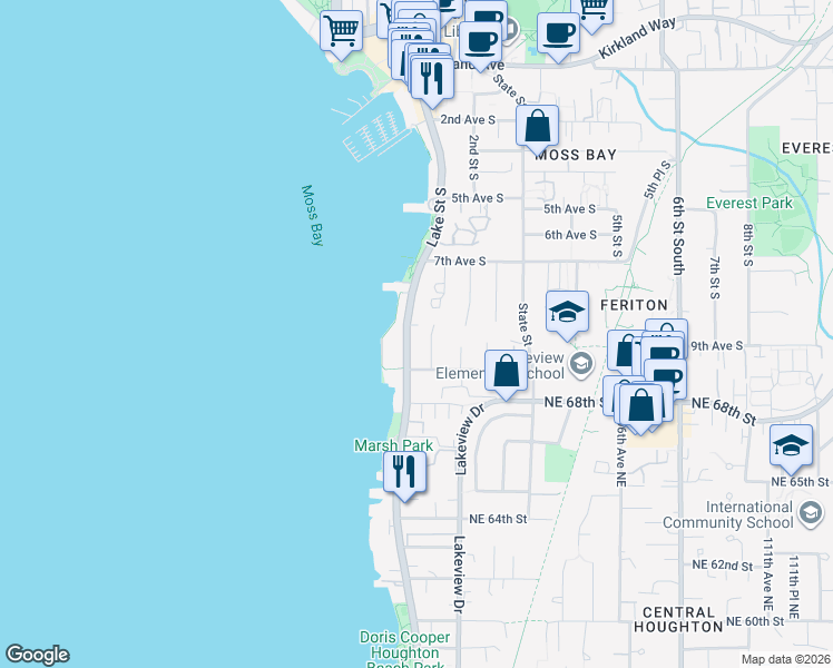 map of restaurants, bars, coffee shops, grocery stores, and more near 832 Lake Street South in Kirkland