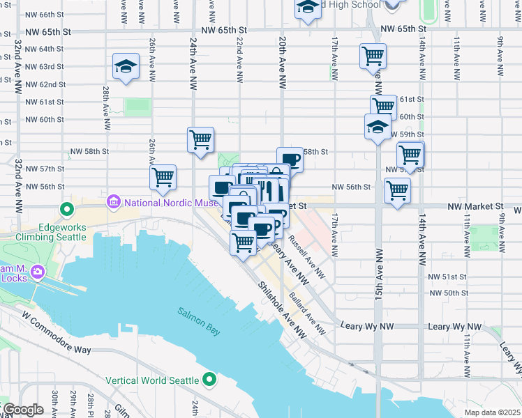 map of restaurants, bars, coffee shops, grocery stores, and more near 2017 Northwest Market Street in Seattle