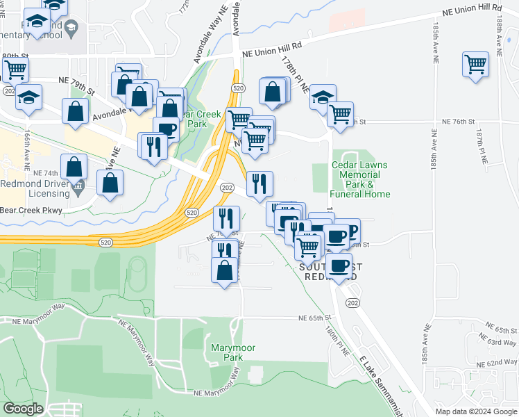 map of restaurants, bars, coffee shops, grocery stores, and more near 17621 Redmond Way in Redmond