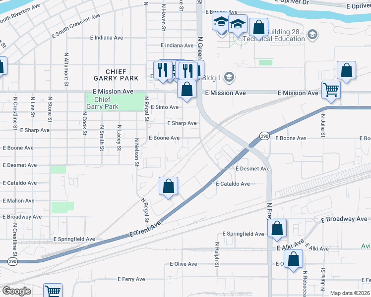 map of restaurants, bars, coffee shops, grocery stores, and more near 1102 North Fiske Street in Spokane