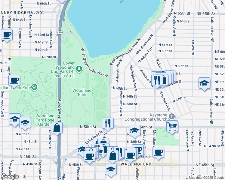 map of restaurants, bars, coffee shops, grocery stores, and more near 5426 Green Lake Way North in Seattle