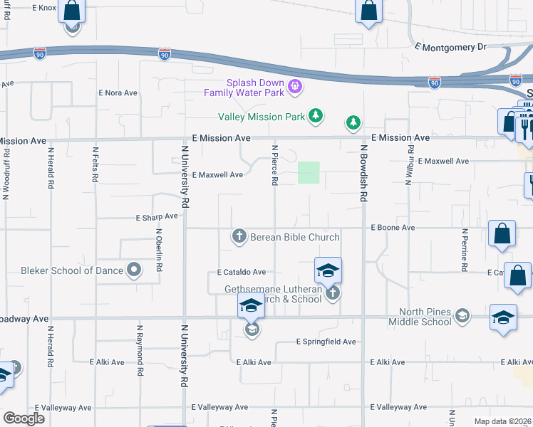 map of restaurants, bars, coffee shops, grocery stores, and more near 11017 East Boone Avenue in Spokane Valley
