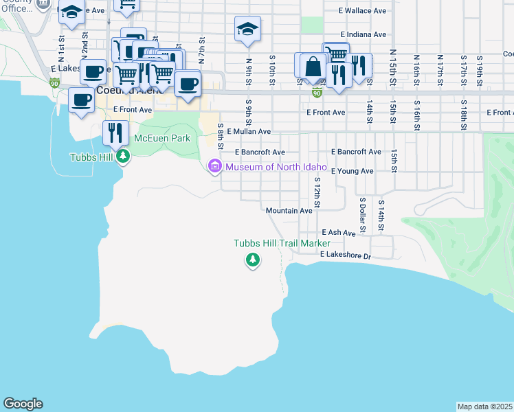 map of restaurants, bars, coffee shops, grocery stores, and more near 613 South 10th Street in Coeur d'Alene
