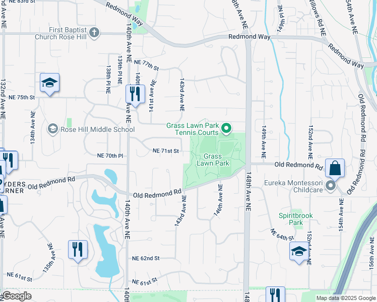 map of restaurants, bars, coffee shops, grocery stores, and more near 14399 Northeast 71st Street in Redmond