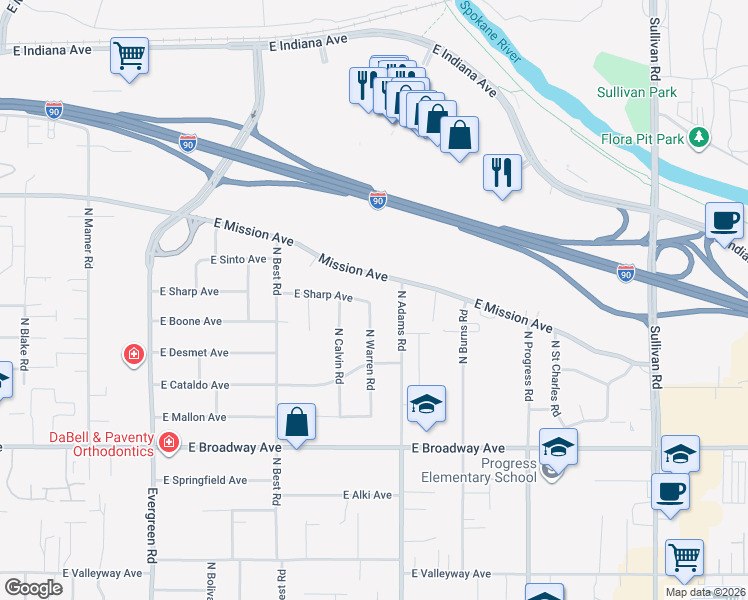 map of restaurants, bars, coffee shops, grocery stores, and more near 1218 North Warren Road in Spokane Valley