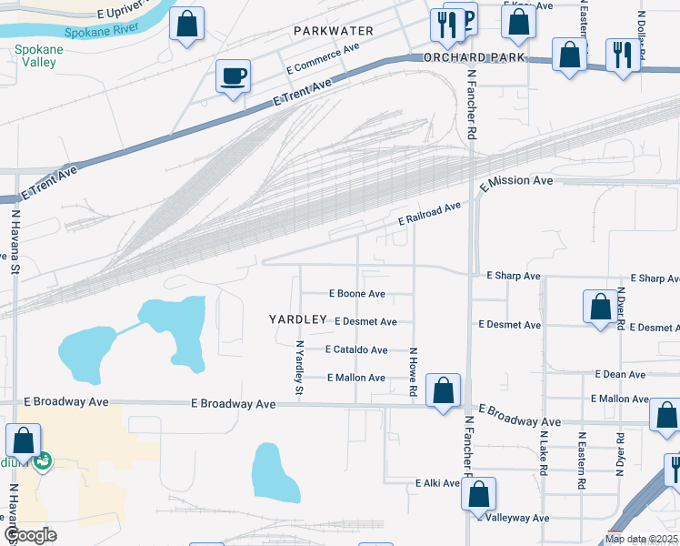 map of restaurants, bars, coffee shops, grocery stores, and more near 5408 East Sharp Avenue in Spokane Valley
