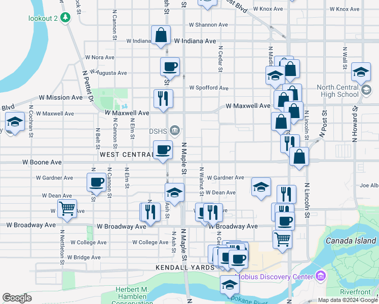 map of restaurants, bars, coffee shops, grocery stores, and more near 1523 West Sharp Avenue in Spokane