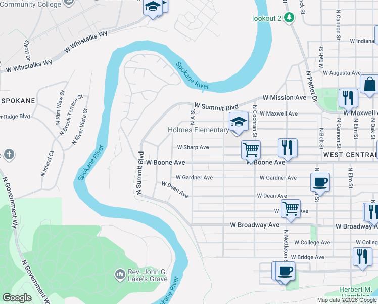 map of restaurants, bars, coffee shops, grocery stores, and more near 2911 West Sharp Avenue in Spokane