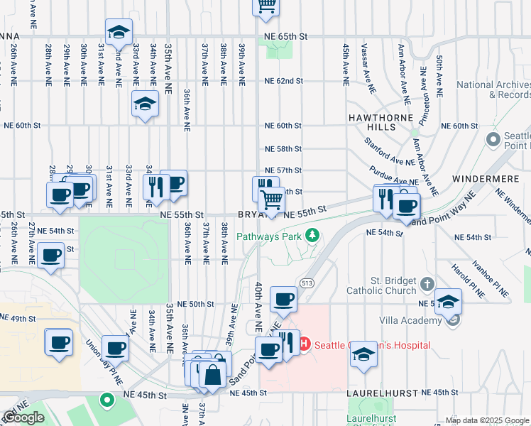 map of restaurants, bars, coffee shops, grocery stores, and more near 4008 Northeast 55th Street in Seattle