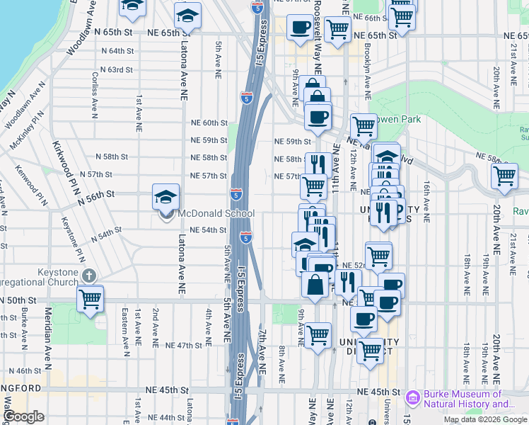 map of restaurants, bars, coffee shops, grocery stores, and more near 701 Northeast 55th Street in Seattle