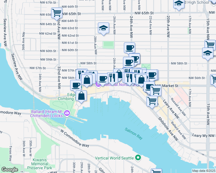 map of restaurants, bars, coffee shops, grocery stores, and more near 2629 Northwest Market Street in Seattle