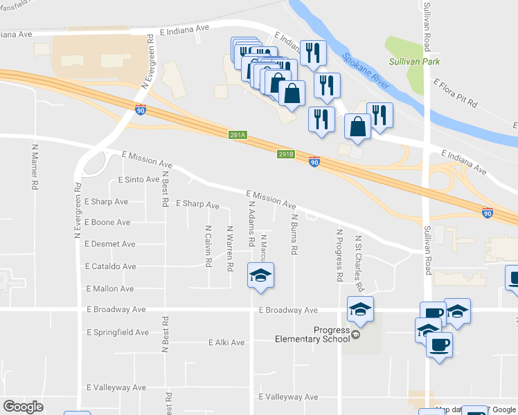 map of restaurants, bars, coffee shops, grocery stores, and more near 1216 North Adams Road in Spokane Valley