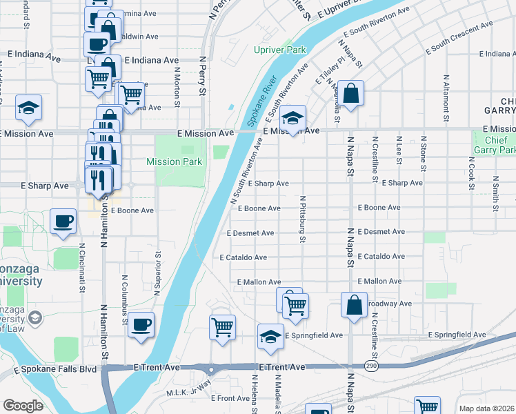 map of restaurants, bars, coffee shops, grocery stores, and more near 1204 North Helena Street in Spokane