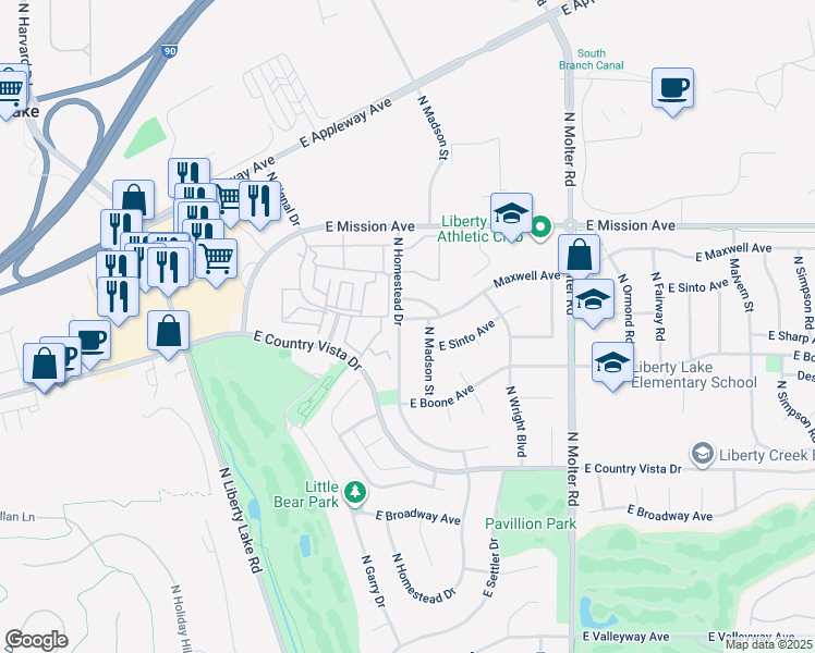 map of restaurants, bars, coffee shops, grocery stores, and more near 23008 Maxwell Avenue in Liberty Lake
