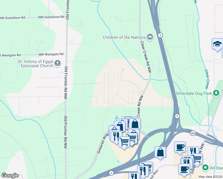map of restaurants, bars, coffee shops, grocery stores, and more near 11530 Bella Vista Avenue Northwest in Silverdale