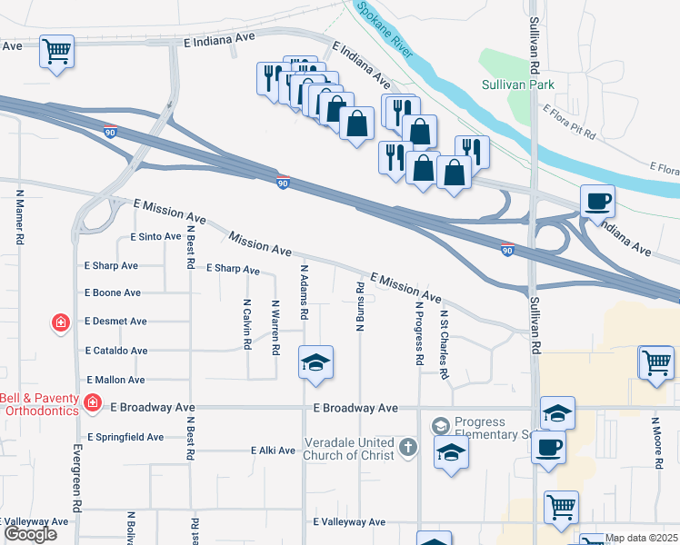 map of restaurants, bars, coffee shops, grocery stores, and more near 1218 North Marcus Road in Spokane Valley