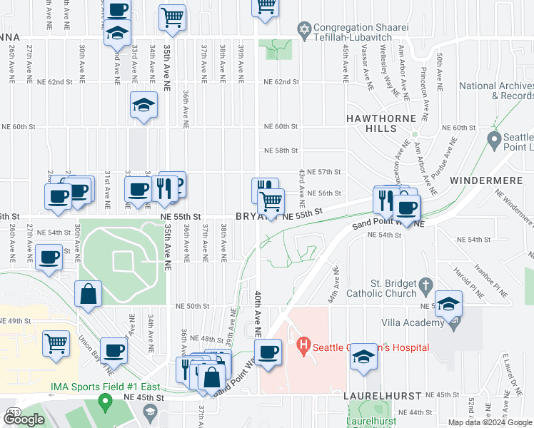 map of restaurants, bars, coffee shops, grocery stores, and more near 4008 NE 55th St in Seattle