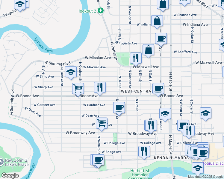 map of restaurants, bars, coffee shops, grocery stores, and more near 2117 West Sharp Avenue in Spokane