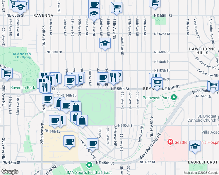 map of restaurants, bars, coffee shops, grocery stores, and more near 3451 Northeast 55th Street in Seattle