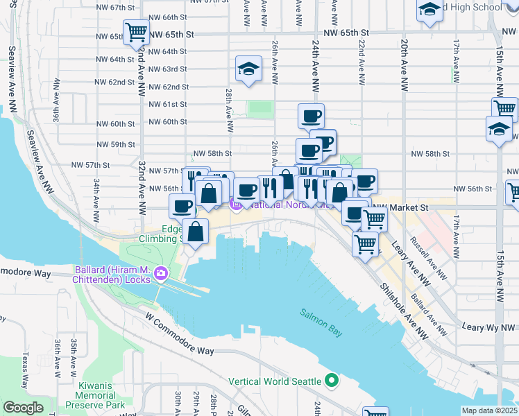 map of restaurants, bars, coffee shops, grocery stores, and more near 2655 Northwest Market Street in Seattle